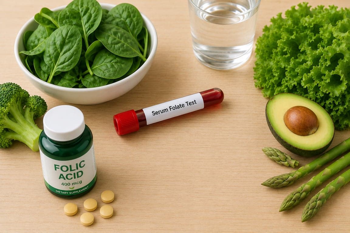 Serum folate blood test report with leafy green vegetables and folic acid supplements