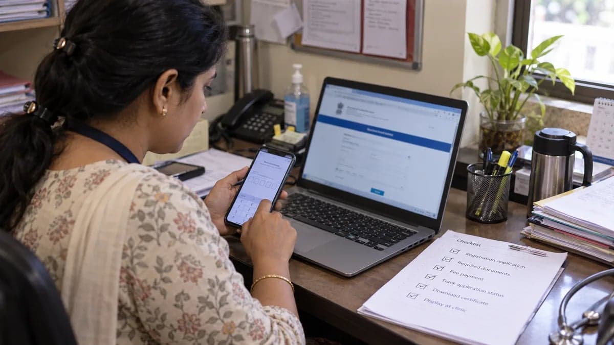 A clinic administrator working through an online government registration form, verifying an OTP on his phone