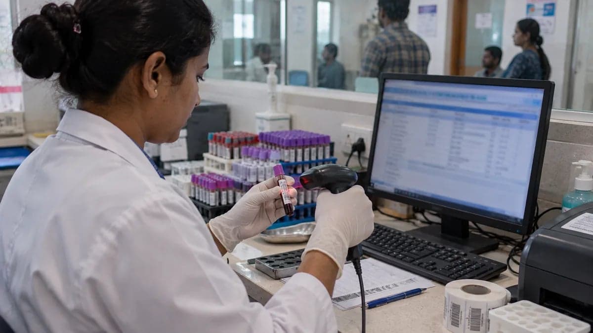 A lab technician scanning a barcoded sample tube at a pathology lab reception counter