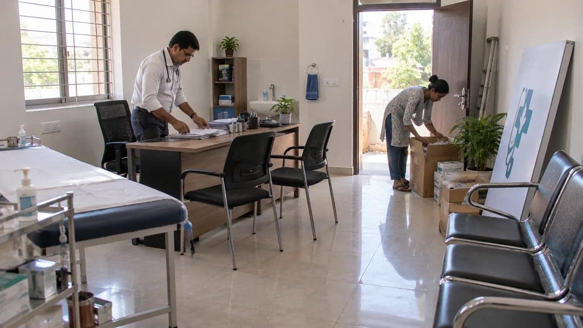 A solo doctor setting up a newly opened one-room clinic with one assistant