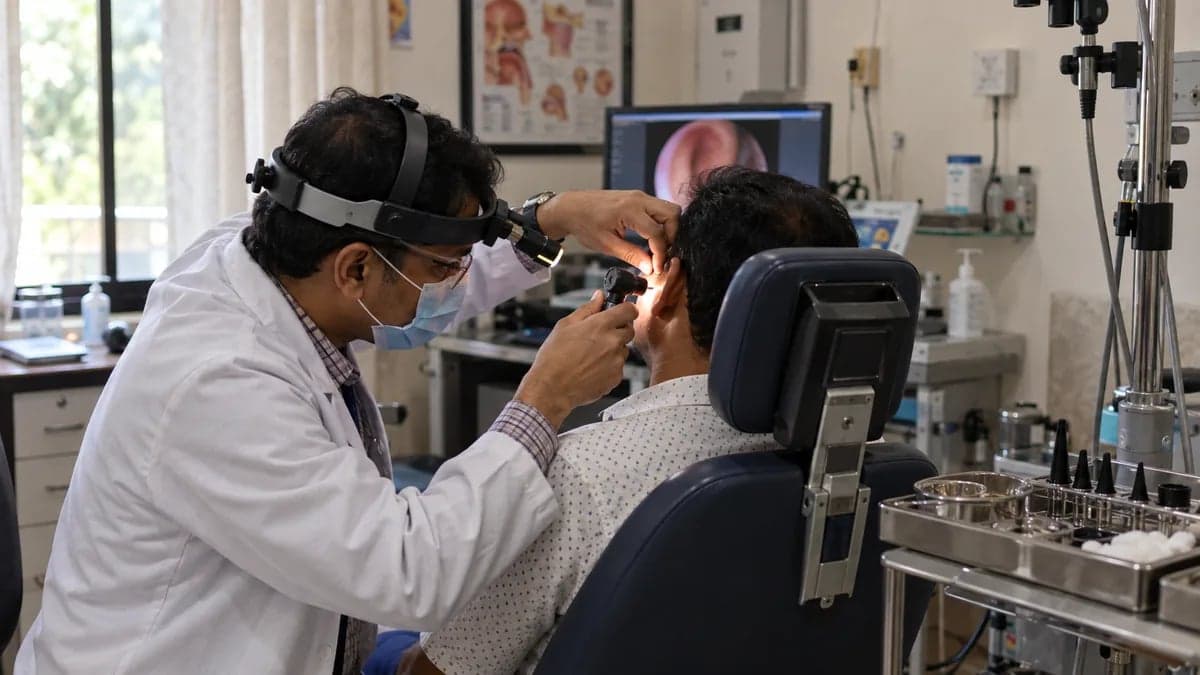 An ENT surgeon examining a patient's ear in a small clinic