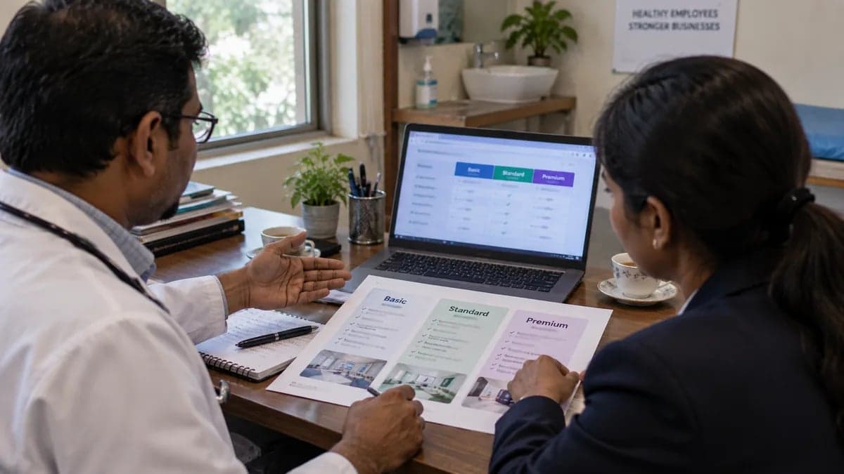 A doctor and an HR representative discussing a tiered corporate health checkup package