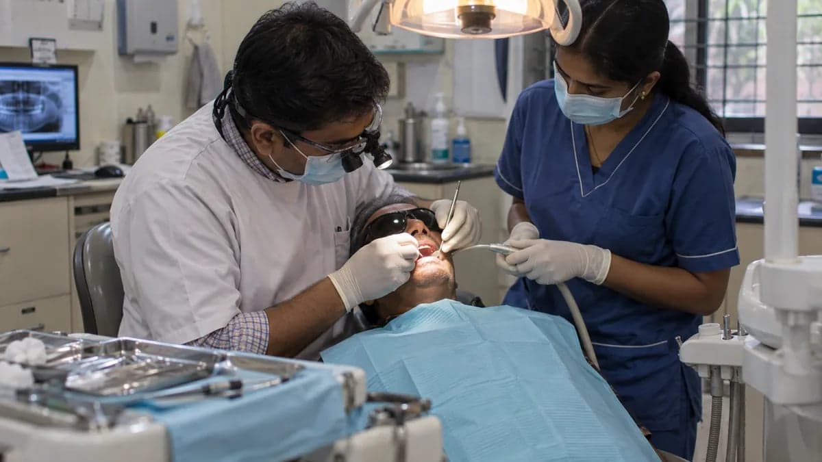 A dentist examining a patient's lower molar chairside with an assistant helping
