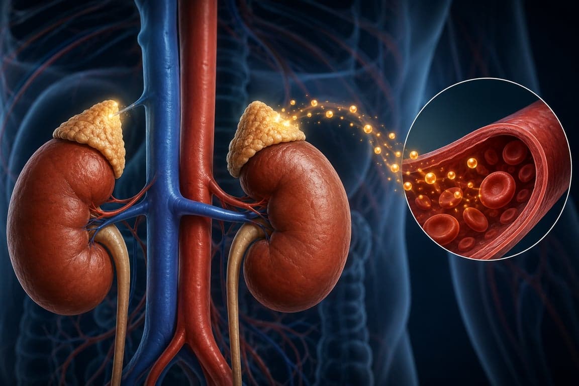 Illustration of the adrenal glands sitting atop the kidneys releasing DHEA-S hormone into the bloodstream