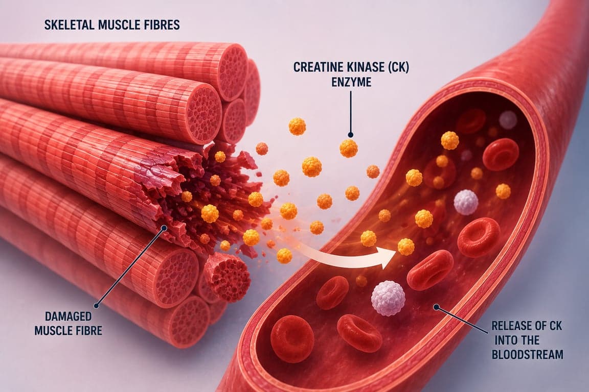 Illustration of skeletal muscle fibres releasing creatine kinase enzyme into the bloodstream