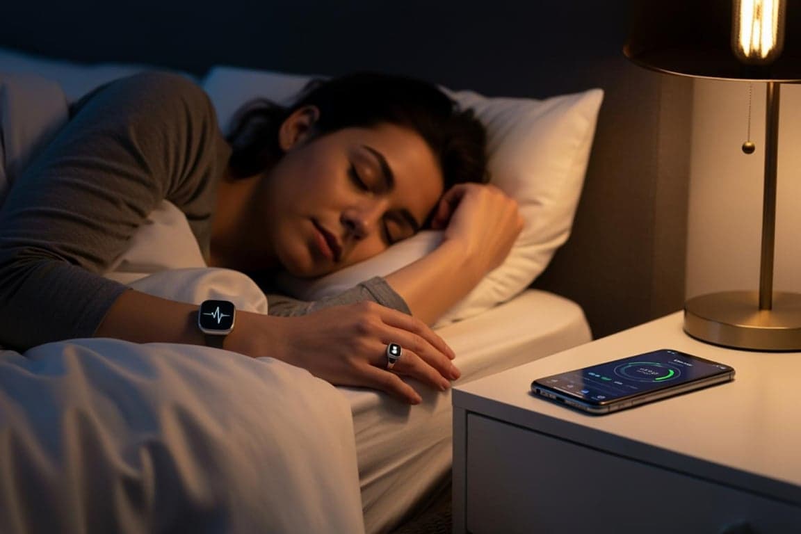 Smartwatch and phone showing nightly sleep duration in hours on a bedside table