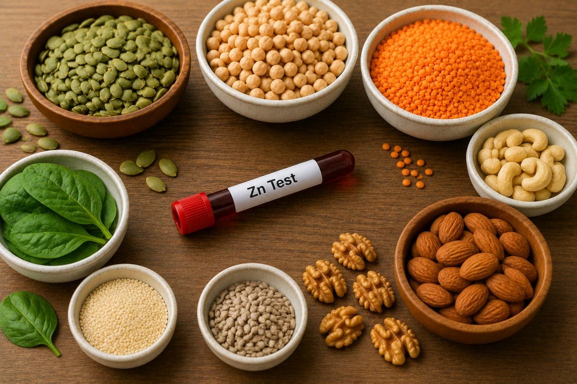 Zinc-rich foods including pumpkin seeds, chickpeas, lentils and nuts arranged around a blood test report