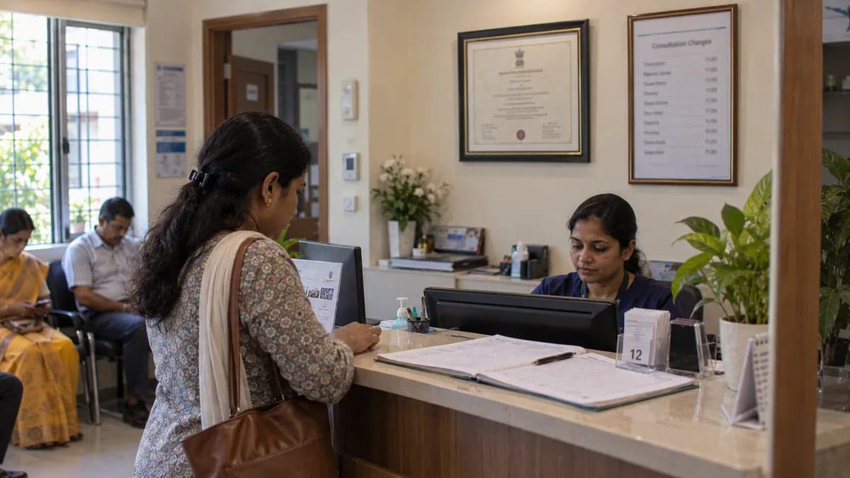 A clinic's registration certificate and rate list displayed on the wall behind the reception counter