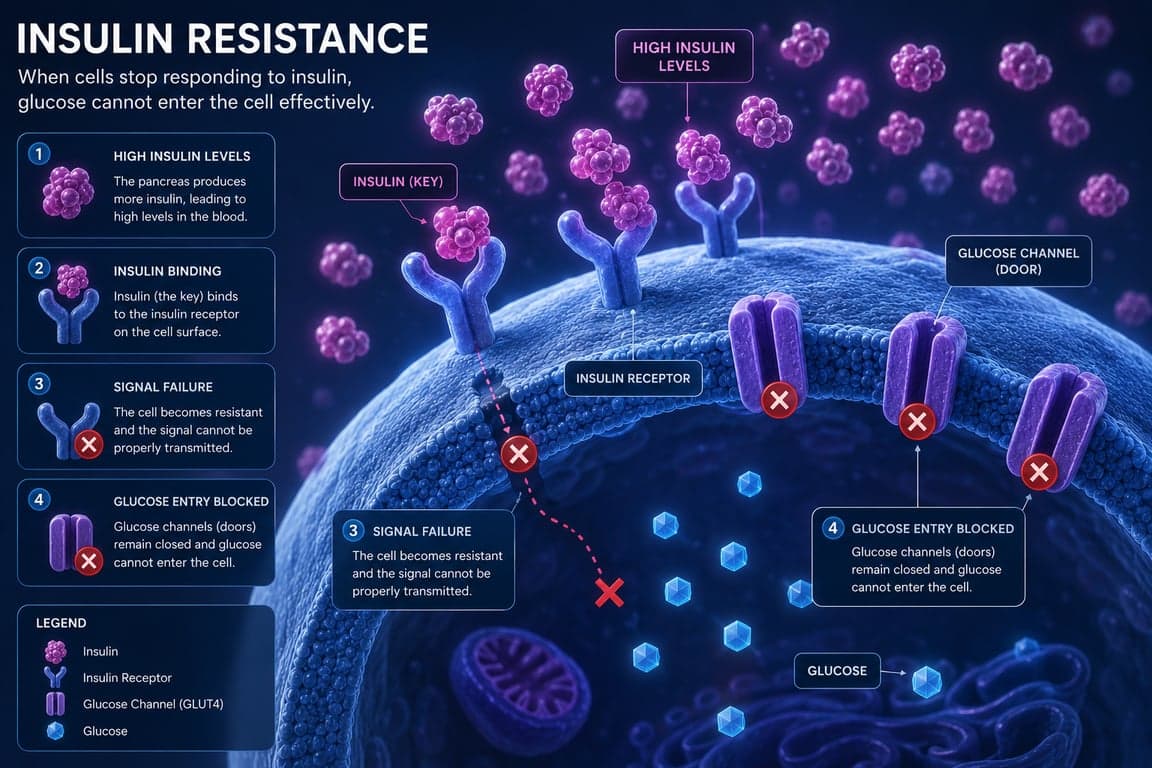 3D medical illustration of insulin resistance, showing how insulin keys fail to open glucose channels on a cell surface.