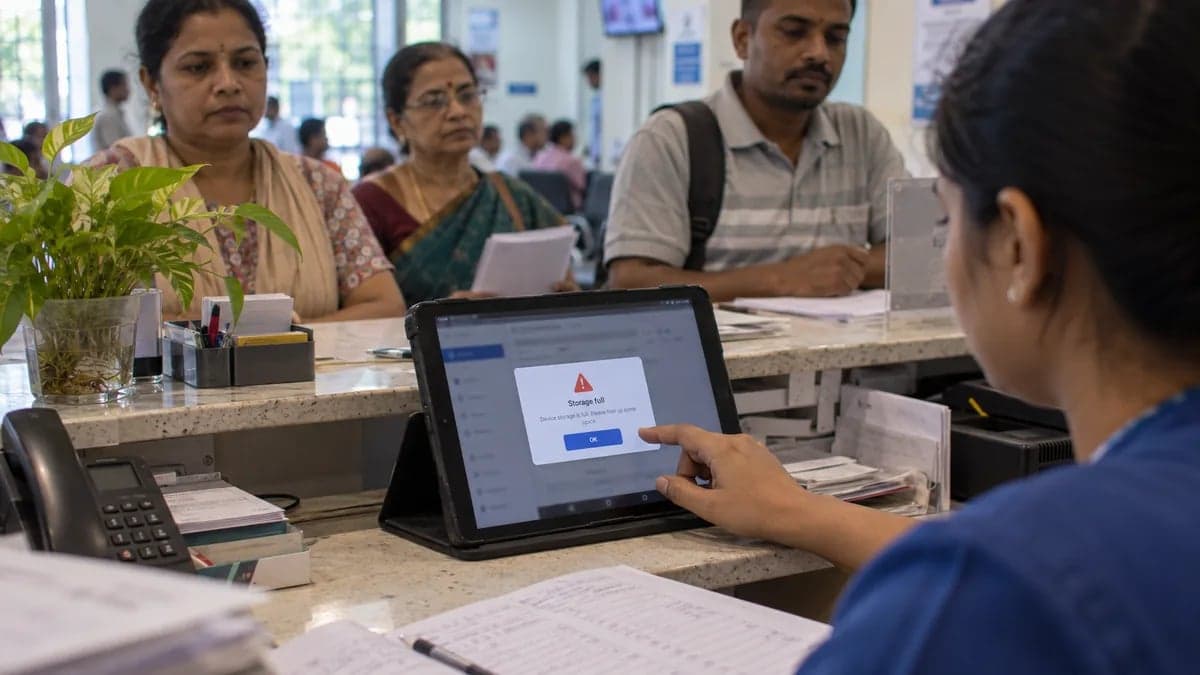 A shared clinic tablet showing a storage-full warning while patients wait at the counter