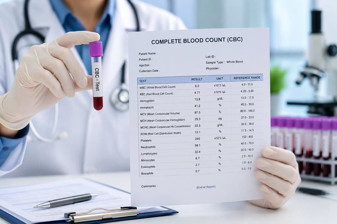 A doctor holding a blood vial and a Complete Blood Count (CBC) lab report showing normal WBC, RBC, and platelet reference ranges for medical health screening.