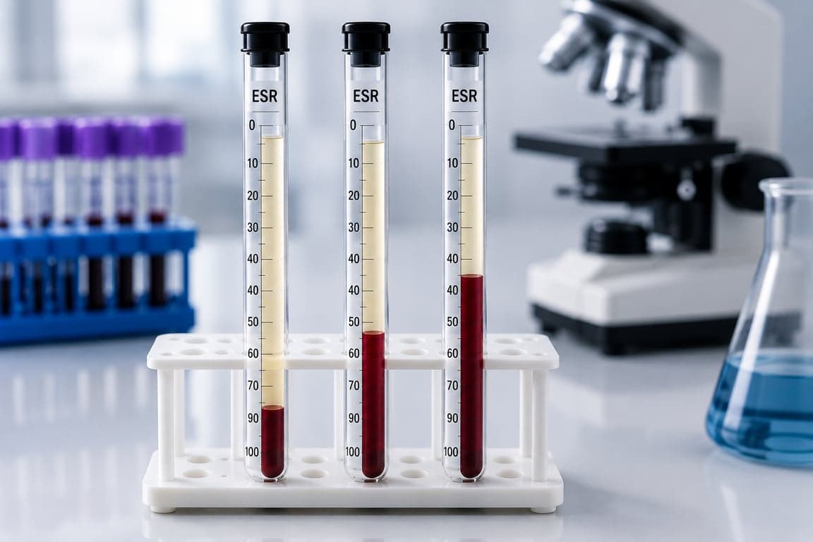 Laboratory Westergren tubes measuring erythrocyte sedimentation rate (ESR) with a report showing the normal range