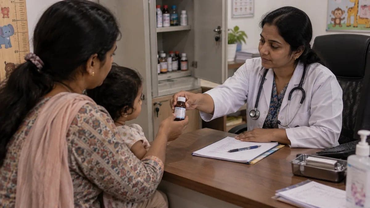 A paediatrician handing a bottle of medicine directly to a parent from the clinic's own supply