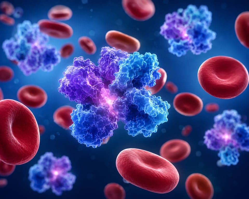 3D microscopic rendering of lactate dehydrogenase (LDH) enzymes and red blood cells, illustrating markers of cellular tissue damage.