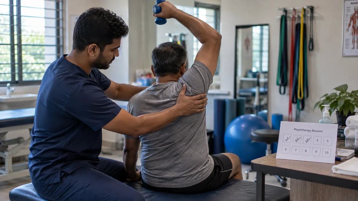 A physiotherapist treating a patient, with a printed package session card visible nearby