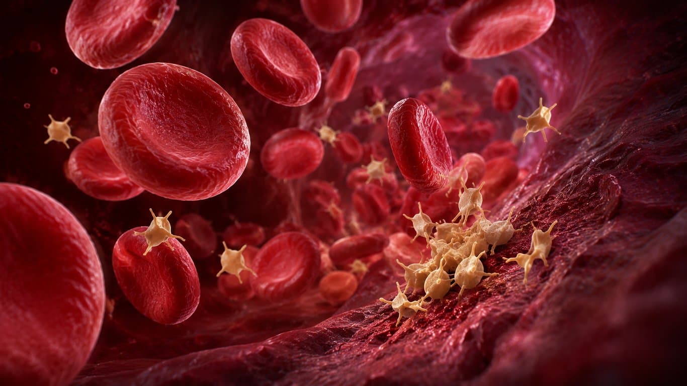 3D microscopic render of platelets and red blood cells, illustrating how thrombocytes help blood clot and stop bleeding.