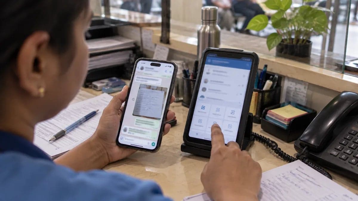 Two phones side by side at a clinic counter, a personal WhatsApp chat and a business WhatsApp interface