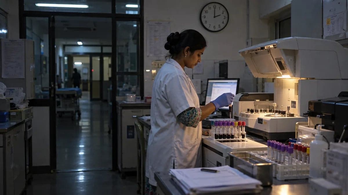Hospital lab technician running a blood test on an analyser during the night shift