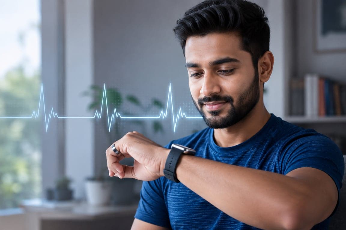 A person wearing a health-tracking smartwatch to monitor heart rate variability (HRV) and daily cardiovascular recovery.