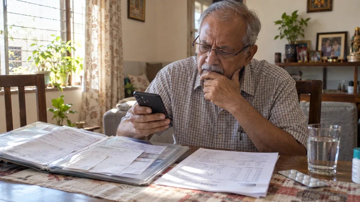 An elderly patient at home with his old prescriptions and lab report, reading a follow-up message
