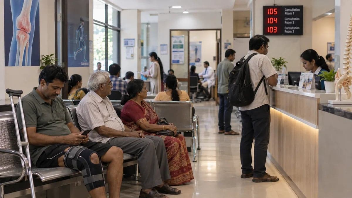 Patients waiting under the token display board at a busy orthopaedic clinic