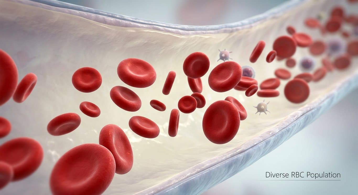 3D microscopic view of red blood cells, illustrating the Mean Corpuscular Volume (MCV) test which measures their average size.