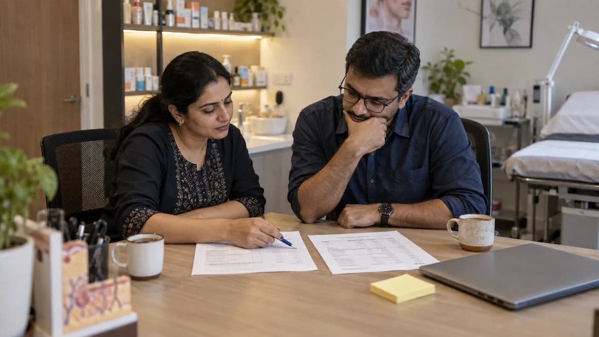Two doctors at a small dermatology clinic comparing two clinic software options on printed sheets after hours