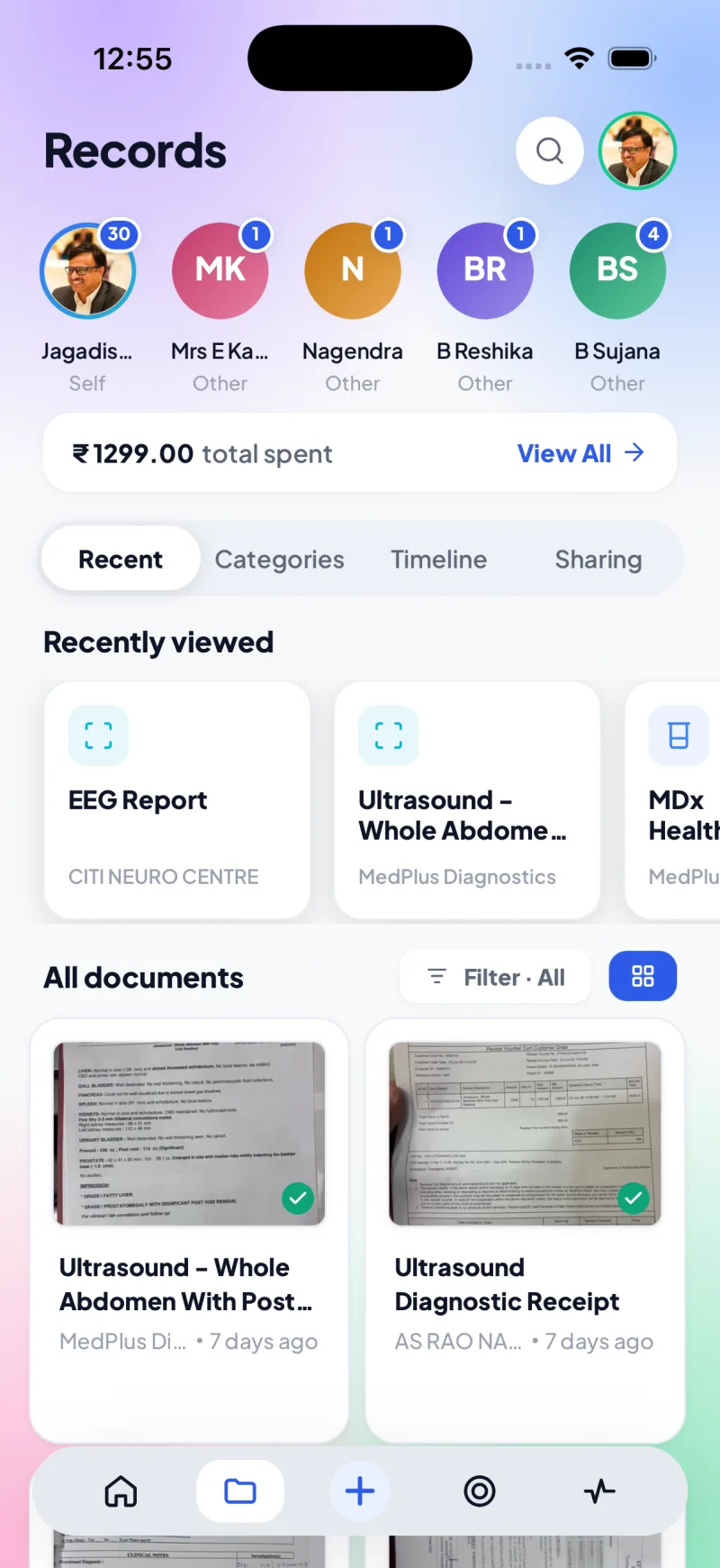 Records hub with family members, total spent, and scanned documents like ultrasound reports and receipts