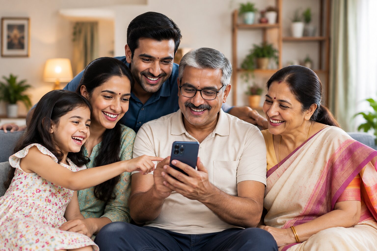 A multi-generational family gathered around a phone, smiling together