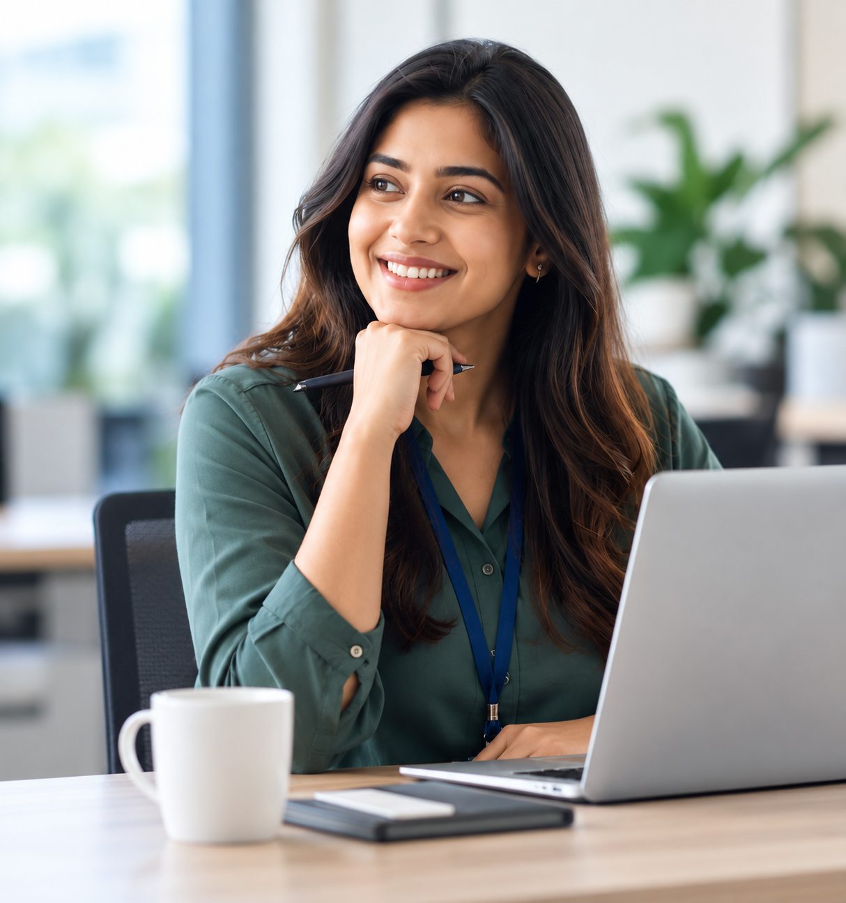 A smiling employee managing her health on a laptop