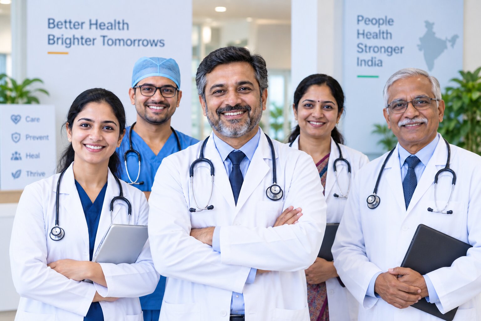 A diverse group of five doctors in lab coats standing together