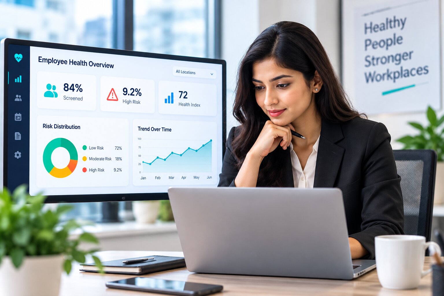 A professional reviewing a business analytics dashboard
