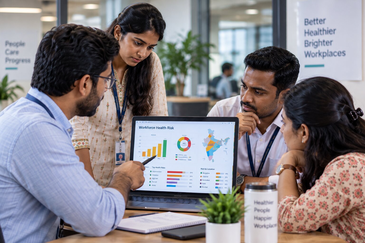 A team reviewing workforce health data on a laptop in a planning meeting
